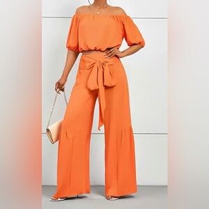 Off-Shoulder Wide-Leg Jumpsuit with Waist Tie - Orange